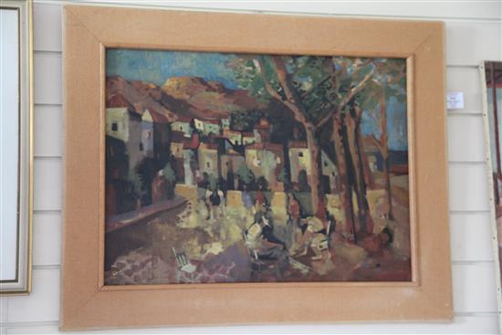 George Campbell RHA RUA (1917-1979) Figures in a Spanish town square, 17.5 x 23.5in.